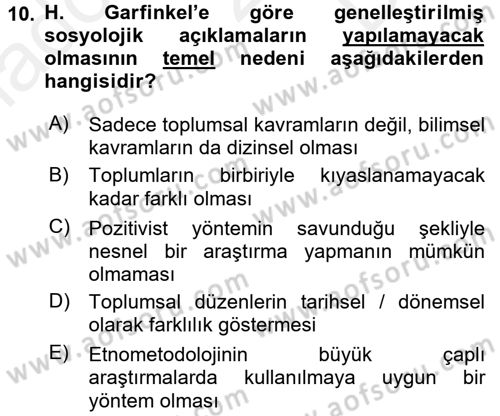 Modern Sosyoloji Tarihi Dersi 2017 - 2018 Yılı (Final) Dönem Sonu Sınav Soruları 10. Soru