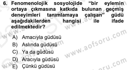 Modern Sosyoloji Tarihi Dersi 2017 - 2018 Yılı (Final) Dönem Sonu Sınav Soruları 6. Soru