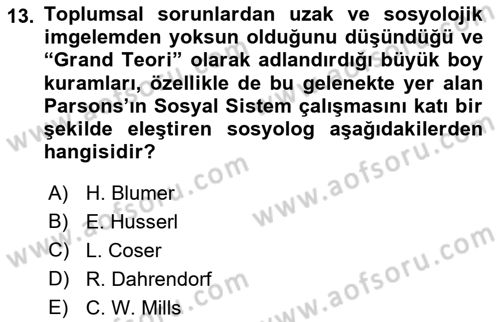 Modern Sosyoloji Tarihi Dersi 2018 - 2019 Yılı (Vize) Ara Sınav Soruları 13. Soru