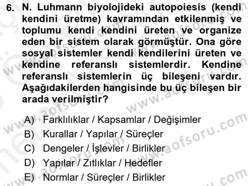 Modern Sosyoloji Tarihi Dersi 2018 - 2019 Yılı (Vize) Ara Sınav Soruları 6. Soru