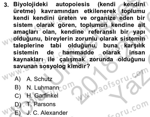 Modern Sosyoloji Tarihi Dersi 2018 - 2019 Yılı Yaz Okulu Sınav Soruları 3. Soru