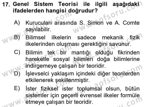 Modern Sosyoloji Tarihi Dersi 2021 - 2022 Yılı (Vize) Ara Sınav Soruları 17. Soru
