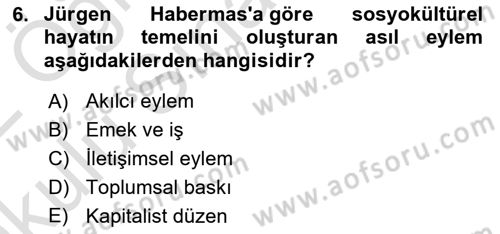 Modern Sosyoloji Tarihi Dersi 2021 - 2022 Yılı Yaz Okulu Sınav Soruları 6. Soru