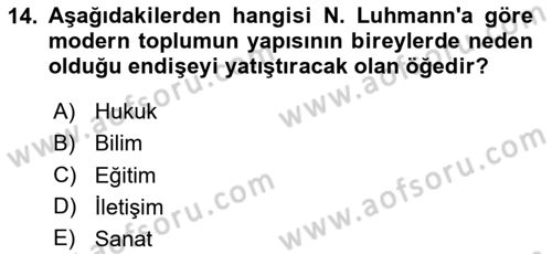 Modern Sosyoloji Tarihi Dersi 2023 - 2024 Yılı (Vize) Ara Sınav Soruları 14. Soru