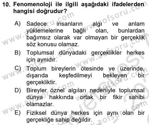 Modern Sosyoloji Tarihi Dersi 2023 - 2024 Yılı Yaz Okulu Sınav Soruları 10. Soru