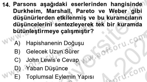 Modern Sosyoloji Tarihi Dersi 2024 - 2025 Yılı Yaz Okulu Sınav Soruları 14. Soru
