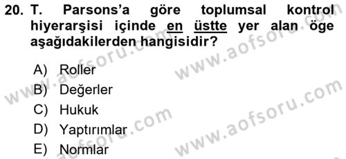 Modern Sosyoloji Tarihi Dersi 2024 - 2025 Yılı Yaz Okulu Sınav Soruları 20. Soru