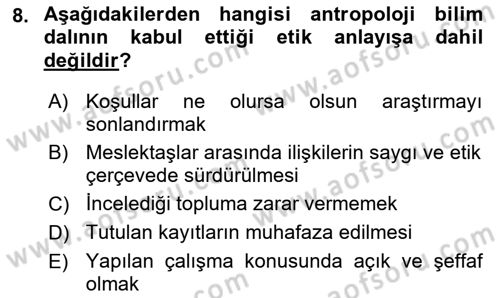 Antropoloji Dersi 2021 - 2022 Yılı (Vize) Ara Sınavı 8. Soru