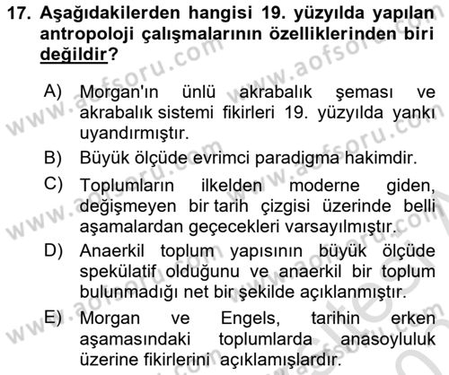 Antropoloji Dersi 2022 - 2023 Yılı Yaz Okulu Sınavı 17. Soru