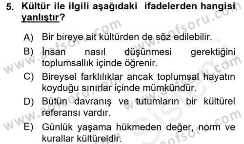 Sosyal Antropoloji Dersi Ara Sınavı Deneme Sınav Soruları 5. Soru
