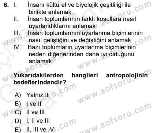 Sosyal Antropoloji Dersi Ara Sınavı Deneme Sınav Soruları 6. Soru