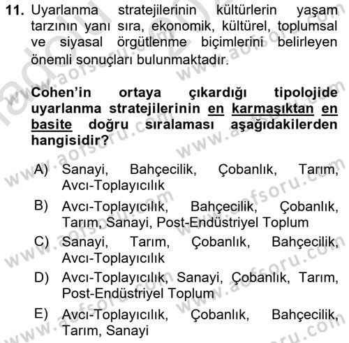 Sosyal Antropoloji Dersi Ara Sınavı Deneme Sınav Soruları 11. Soru