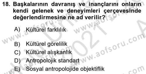 Sosyal Antropoloji Dersi Ara Sınavı Deneme Sınav Soruları 18. Soru