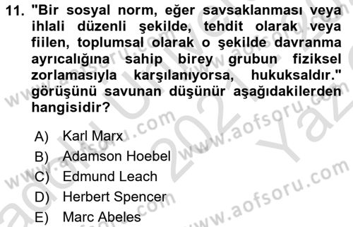 Sosyal Antropoloji Dersi 2021 - 2022 Yılı Yaz Okulu Sınav Soruları 11. Soru
