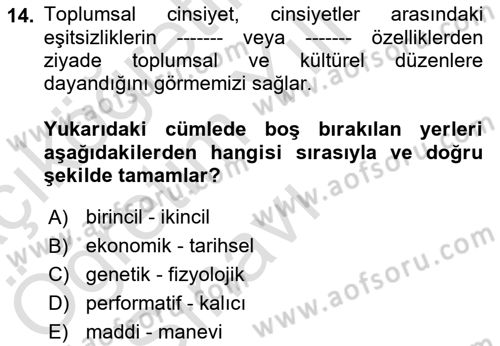 Sosyal Antropoloji Dersi 2021 - 2022 Yılı Yaz Okulu Sınav Soruları 14. Soru