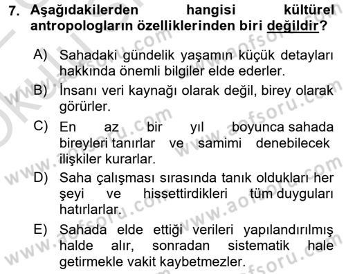 Sosyal Antropoloji Dersi 2021 - 2022 Yılı Yaz Okulu Sınav Soruları 7. Soru