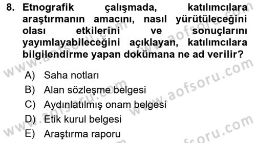 Sosyal Antropoloji Dersi 2021 - 2022 Yılı Yaz Okulu Sınav Soruları 8. Soru