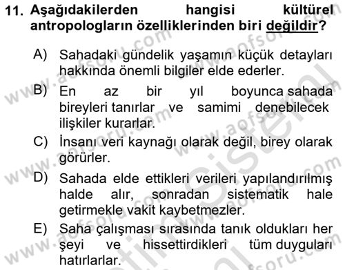 Sosyal Antropoloji Dersi Ara Sınavı Deneme Sınav Soruları 11. Soru