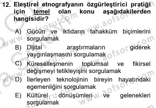 Sosyal Antropoloji Dersi 2022 - 2023 Yılı (Vize) Ara Sınav Soruları 12. Soru