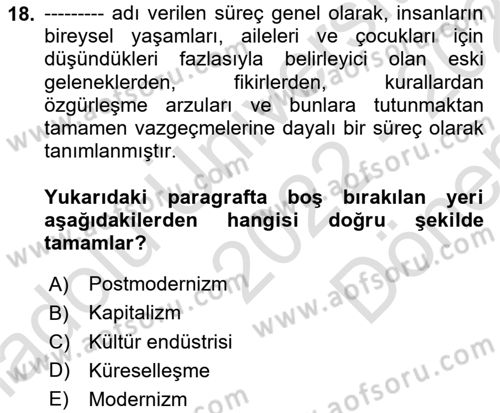 Sosyal Antropoloji Dersi 2022 - 2023 Yılı (Final) Dönem Sonu Sınav Soruları 18. Soru