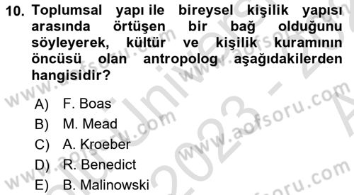 Sosyal Antropoloji Dersi 2023 - 2024 Yılı (Vize) Ara Sınav Soruları 10. Soru
