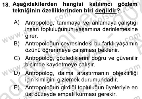 Sosyal Antropoloji Dersi 2023 - 2024 Yılı (Vize) Ara Sınav Soruları 18. Soru