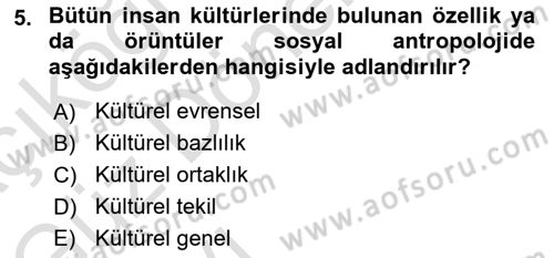 Sosyal Antropoloji Dersi 2023 - 2024 Yılı (Vize) Ara Sınav Soruları 5. Soru