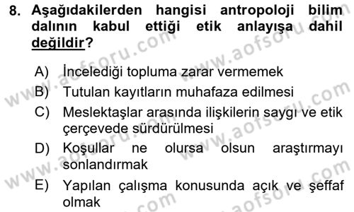 Sosyal Antropoloji Dersi 2023 - 2024 Yılı (Vize) Ara Sınav Soruları 8. Soru