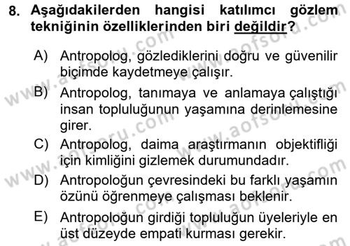 Sosyal Antropoloji Dersi Ara Sınavı Deneme Sınav Soruları 8. Soru
