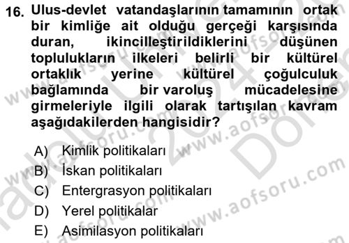 Sosyal Antropoloji Dersi 2024 - 2025 Yılı (Final) Dönem Sonu Sınav Soruları 16. Soru