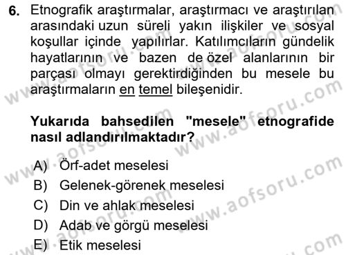 Sosyal Antropoloji Dersi 2024 - 2025 Yılı Yaz Okulu Sınav Soruları 6. Soru