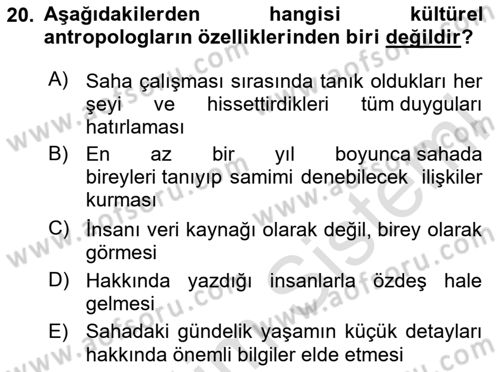 Sosyal Antropoloji Dersi 2025 - 2026 Yılı (Vize) Ara Sınav Soruları 20. Soru