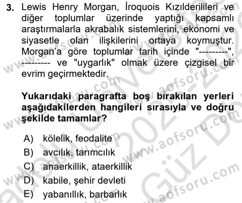 Sosyal Antropoloji Dersi 2025 - 2026 Yılı (Vize) Ara Sınav Soruları 3. Soru