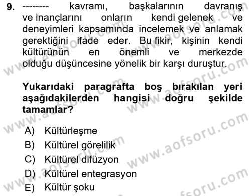 Sosyal Antropoloji Dersi 2025 - 2026 Yılı (Vize) Ara Sınav Soruları 9. Soru