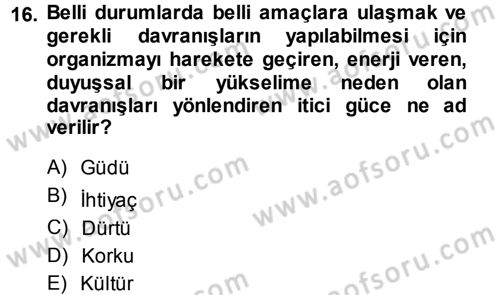 Davranış Bilimlerine Giriş Dersi 2014 - 2015 Yılı (Final) Dönem Sonu Sınav Soruları 16. Soru