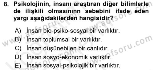 Davranış Bilimlerine Giriş Dersi 2016 - 2017 Yılı (Final) Dönem Sonu Sınav Soruları 8. Soru