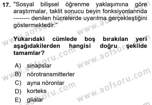 Davranış Bilimlerine Giriş Dersi 2018 - 2019 Yılı (Final) Dönem Sonu Sınav Soruları 17. Soru