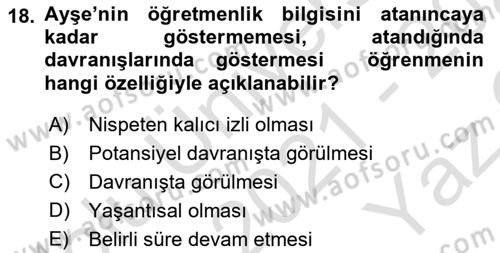 Davranış Bilimlerine Giriş Dersi 2021 - 2022 Yılı Yaz Okulu Sınav Soruları 18. Soru
