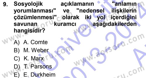 Toplumsal Değişme Kuramları Dersi 2013 - 2014 Yılı (Vize) Ara Sınavı 9. Soru