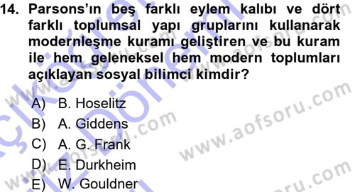 Toplumsal Değişme Kuramları Dersi Ara Sınavı Deneme Sınav Soruları 14. Soru