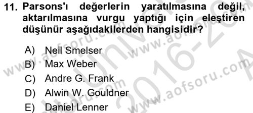 Toplumsal Değişme Kuramları Dersi Ara Sınavı Deneme Sınav Soruları 11. Soru