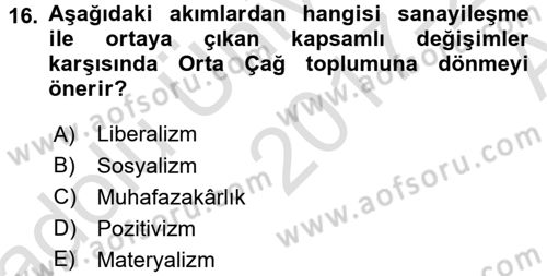 Toplumsal Değişme Kuramları Dersi 2017 - 2018 Yılı (Vize) Ara Sınav Soruları 16. Soru