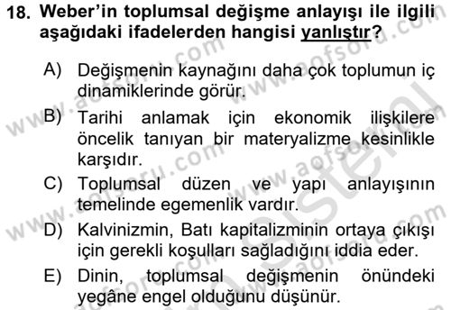 Toplumsal Değişme Kuramları Dersi Ara Sınavı Deneme Sınav Soruları 18. Soru