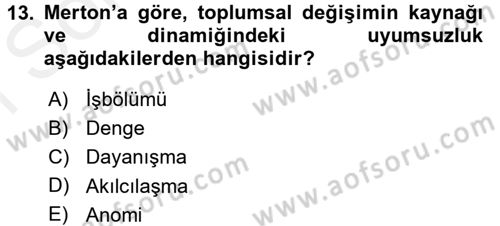 Toplumsal Değişme Kuramları Dersi 2017 - 2018 Yılı (Final) Dönem Sonu Sınav Soruları 13. Soru