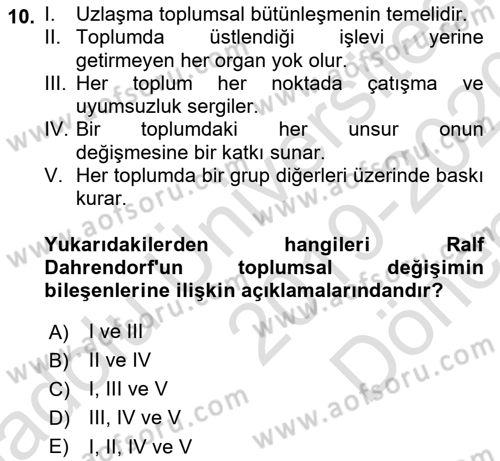 Toplumsal Değişme Kuramları Dersi 2019 - 2020 Yılı (Final) Dönem Sonu Sınavı 10. Soru