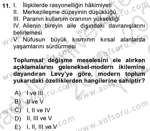 Toplumsal Değişme Kuramları Dersi 2020 - 2021 Yılı Yaz Okulu Sınav Soruları 11. Soru