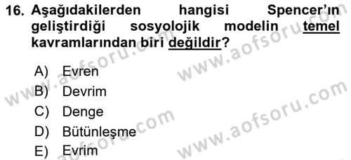 Toplumsal Değişme Kuramları Dersi 2021 - 2022 Yılı (Vize) Ara Sınav Soruları 16. Soru