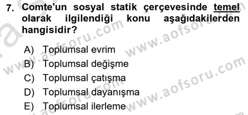 Toplumsal Değişme Kuramları Dersi Ara Sınavı Deneme Sınav Soruları 7. Soru