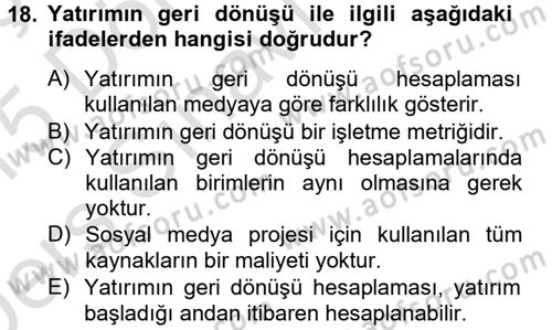 Sosyal Medya Dersi 2014 - 2015 Yılı Tek Ders Sınav Soruları 18. Soru