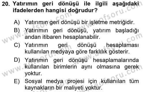 Sosyal Medya Dersi 2015 - 2016 Yılı Tek Ders Sınav Soruları 20. Soru